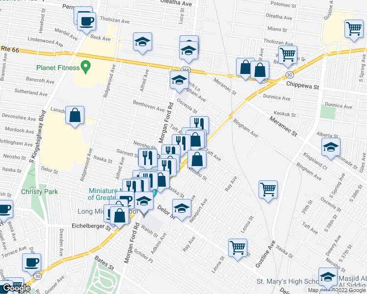 map of restaurants, bars, coffee shops, grocery stores, and more near 4216 Ellenwood Avenue in St. Louis