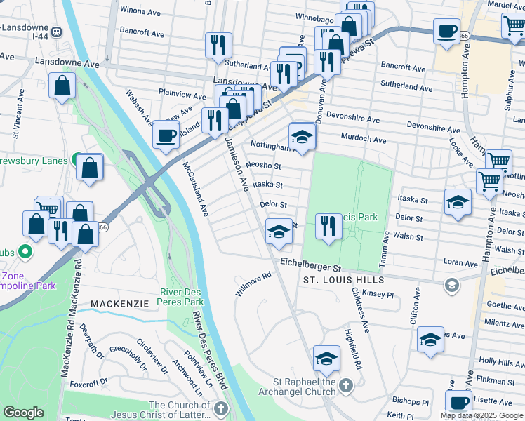 map of restaurants, bars, coffee shops, grocery stores, and more near 5225 Jamieson Avenue in St. Louis