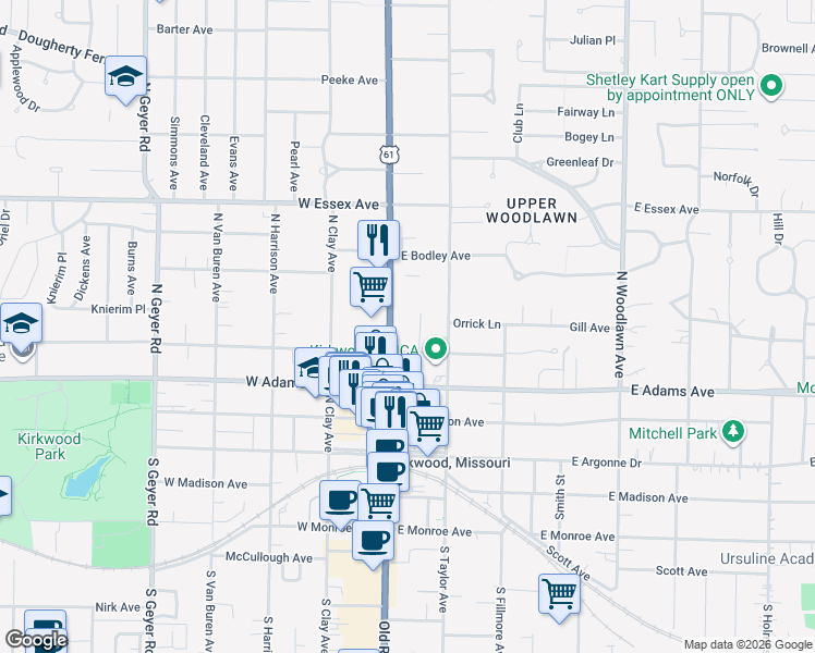 map of restaurants, bars, coffee shops, grocery stores, and more near 109 East Washington Avenue in Kirkwood