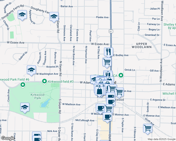 map of restaurants, bars, coffee shops, grocery stores, and more near 405 North Harrison Avenue in Kirkwood