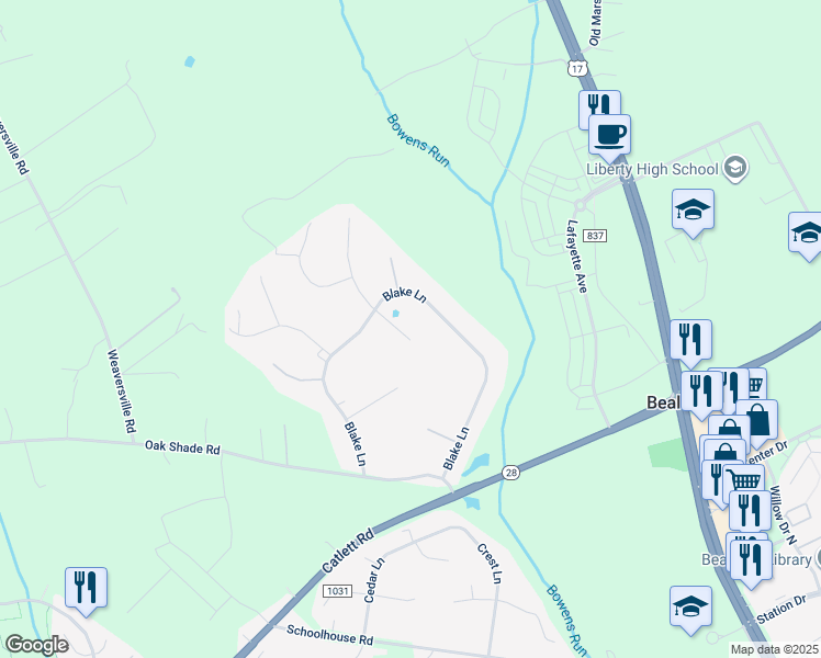 map of restaurants, bars, coffee shops, grocery stores, and more near 10943 Rugby Drive in Bealeton