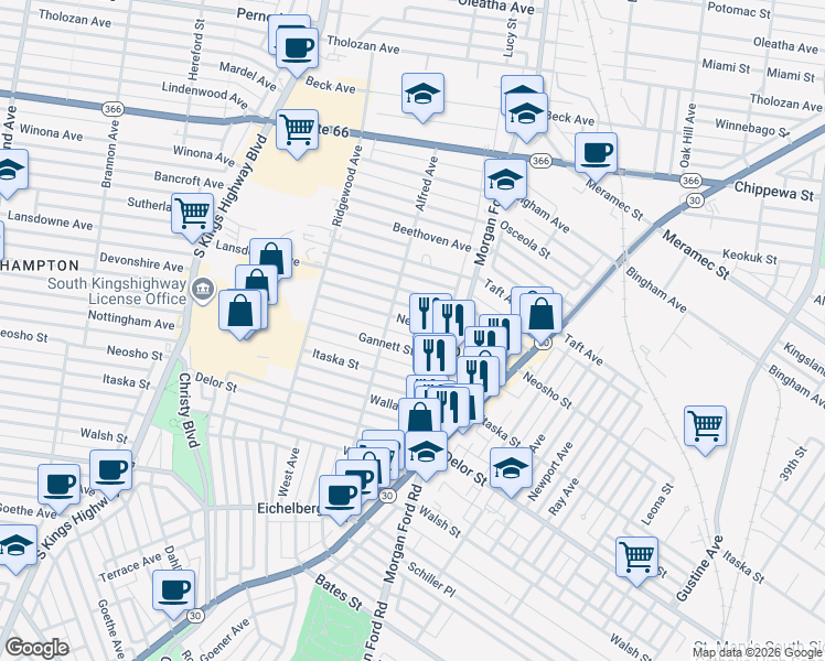 map of restaurants, bars, coffee shops, grocery stores, and more near 4360 Gannett Street in St. Louis