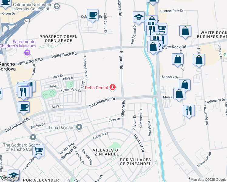 map of restaurants, bars, coffee shops, grocery stores, and more near 11185 International Drive in Rancho Cordova