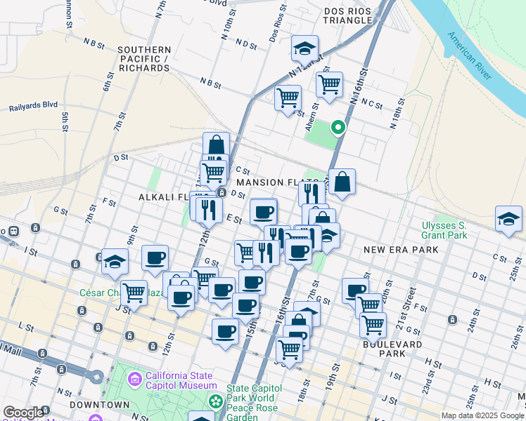 map of restaurants, bars, coffee shops, grocery stores, and more near 425 14th Street in Sacramento
