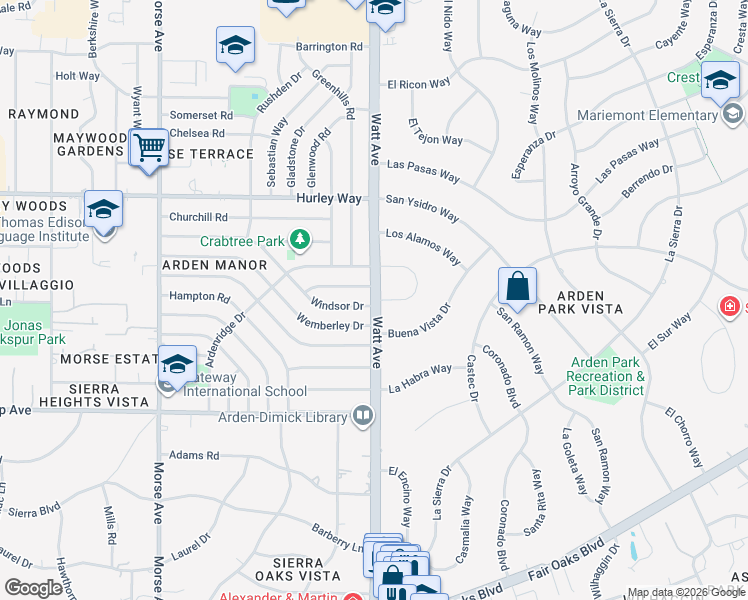 map of restaurants, bars, coffee shops, grocery stores, and more near 1111 Watt Avenue in Sacramento