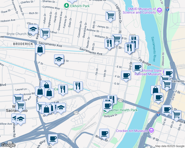 map of restaurants, bars, coffee shops, grocery stores, and more near 731 F Street in West Sacramento