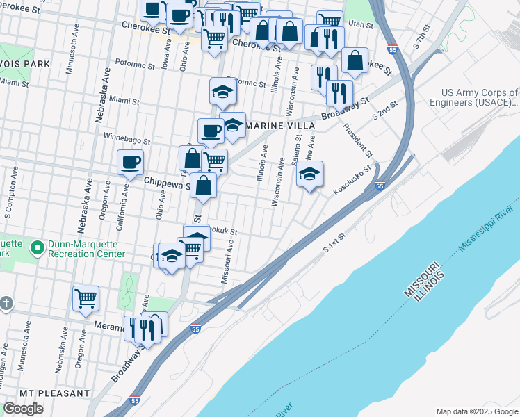 map of restaurants, bars, coffee shops, grocery stores, and more near 3834 Illinois Avenue in St. Louis