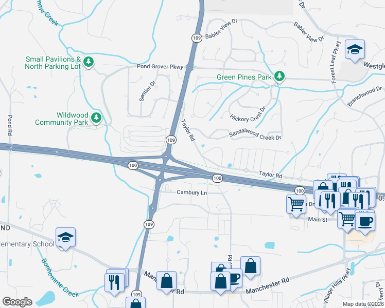 map of restaurants, bars, coffee shops, grocery stores, and more near 2333 Eatherton Road in Wildwood