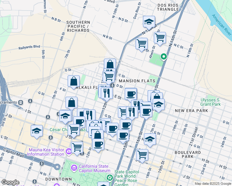 map of restaurants, bars, coffee shops, grocery stores, and more near 1220 E Street in Sacramento