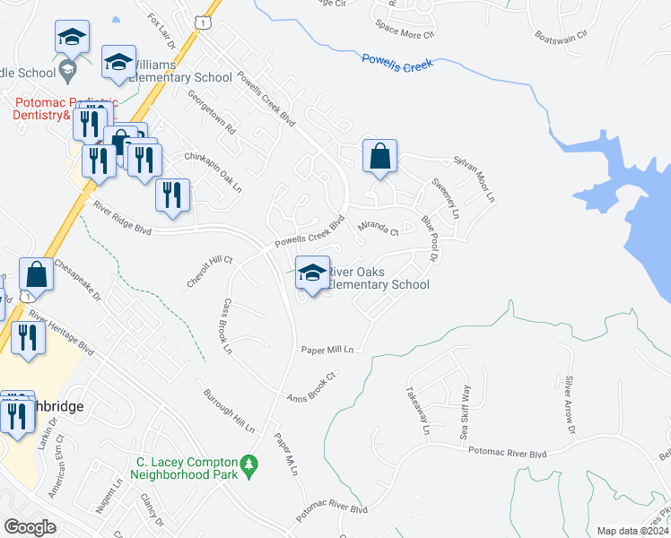 map of restaurants, bars, coffee shops, grocery stores, and more near Glenriver Way in Woodbridge