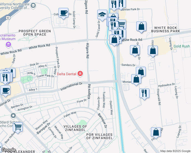 map of restaurants, bars, coffee shops, grocery stores, and more near 3241 Kilgore Road in Rancho Cordova