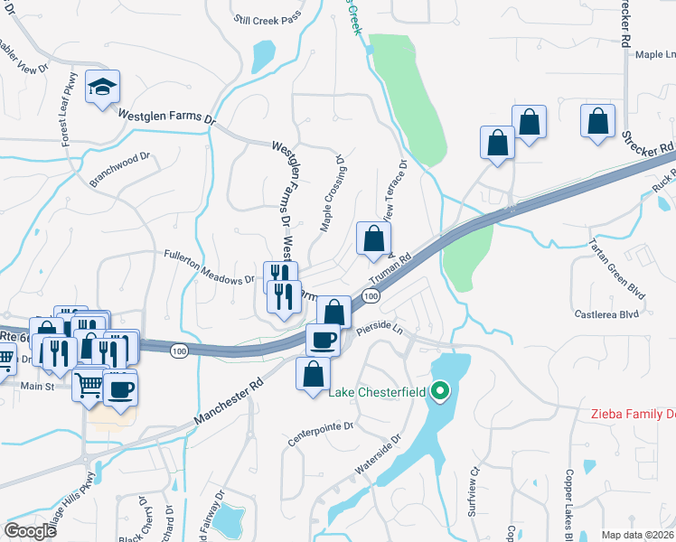 map of restaurants, bars, coffee shops, grocery stores, and more near 16400 Balsam Ridge Drive in Wildwood