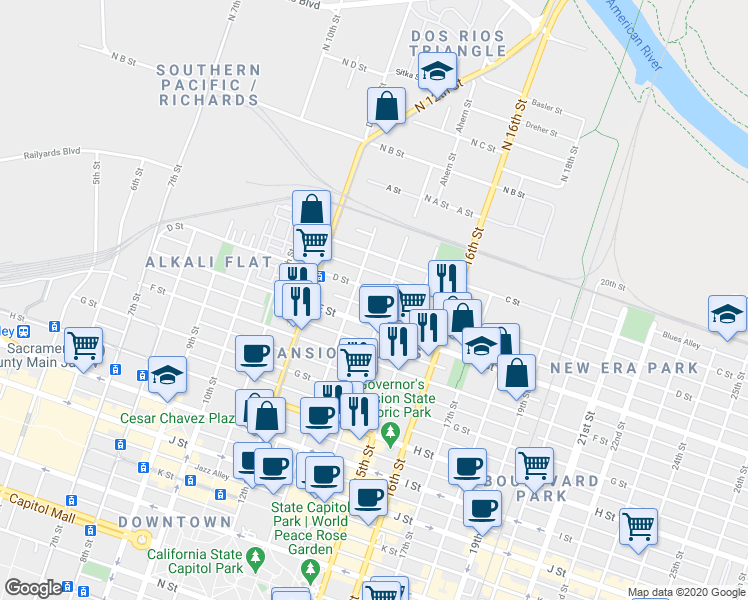 map of restaurants, bars, coffee shops, grocery stores, and more near 425 14th Street in Sacramento