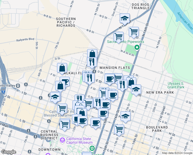 map of restaurants, bars, coffee shops, grocery stores, and more near 1220 E Street in Sacramento
