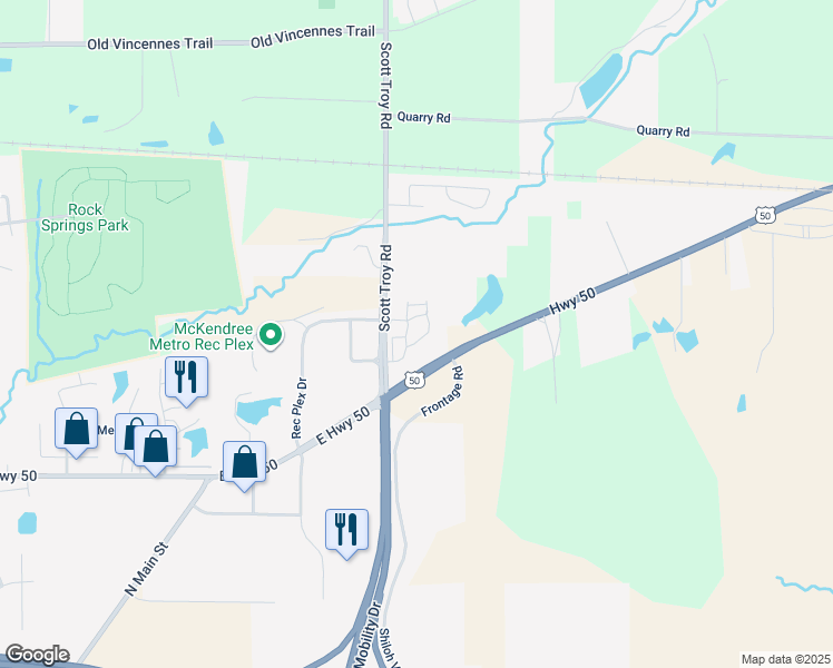 map of restaurants, bars, coffee shops, grocery stores, and more near 8409 U.S. 50 in Lebanon