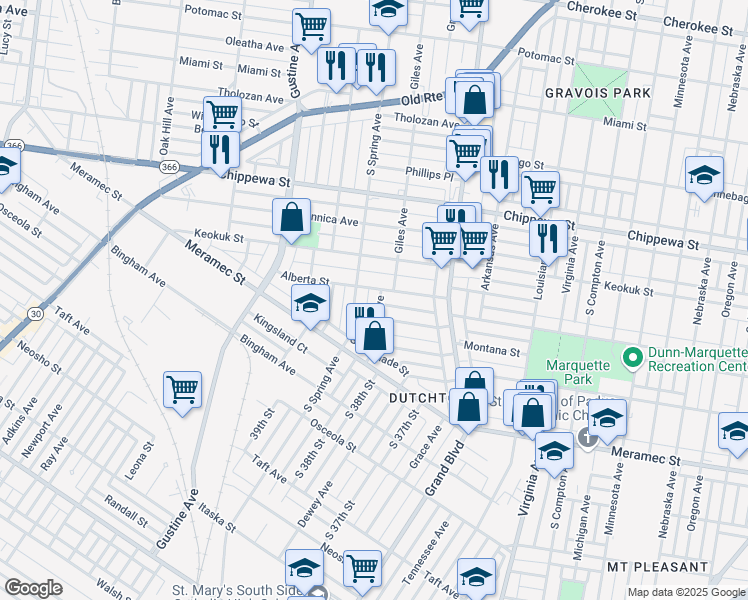 map of restaurants, bars, coffee shops, grocery stores, and more near 3673 Liermann Avenue in St. Louis