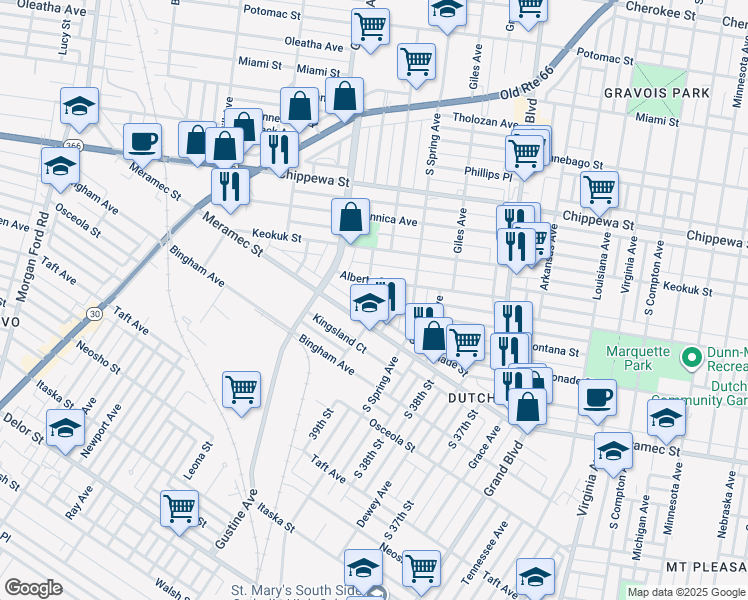 map of restaurants, bars, coffee shops, grocery stores, and more near 4047 Bamberger Avenue in St. Louis