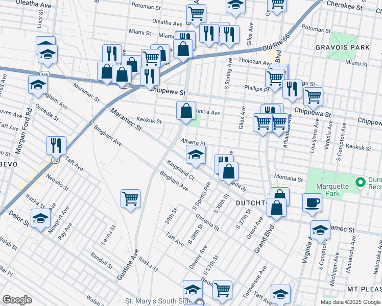 map of restaurants, bars, coffee shops, grocery stores, and more near 3914R Meramec Street in St. Louis