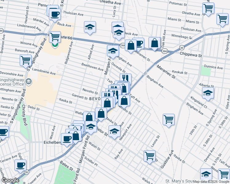 map of restaurants, bars, coffee shops, grocery stores, and more near 4216 Ellenwood Avenue in St. Louis