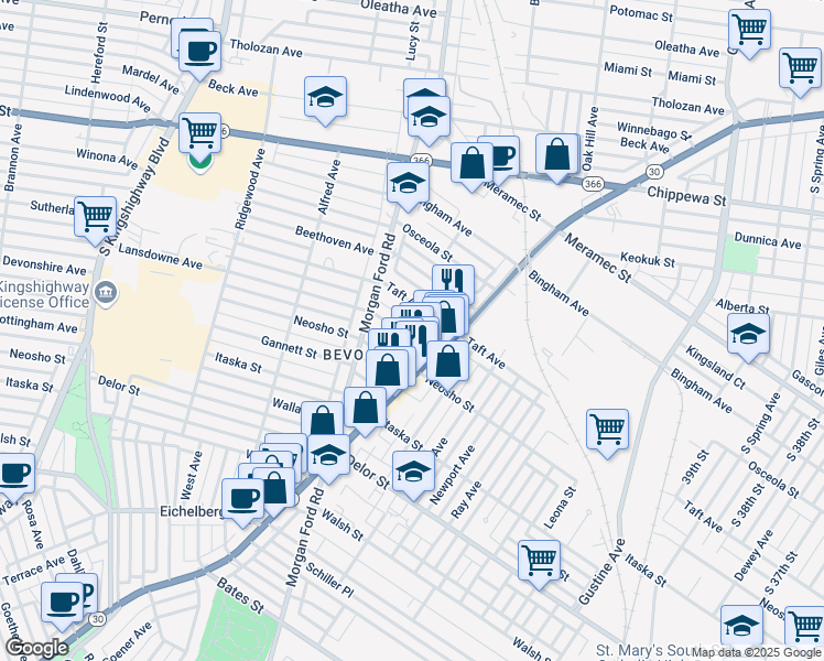 map of restaurants, bars, coffee shops, grocery stores, and more near 4216 Ellenwood Avenue in St. Louis