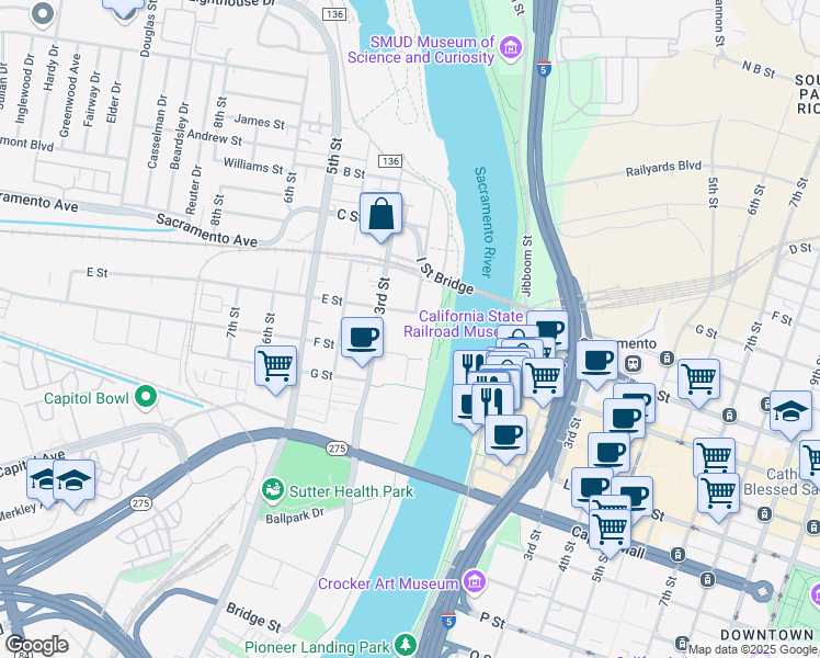map of restaurants, bars, coffee shops, grocery stores, and more near 200-298 Waterfront Place in West Sacramento