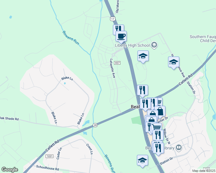 map of restaurants, bars, coffee shops, grocery stores, and more near 2958 Revere Street in Bealeton