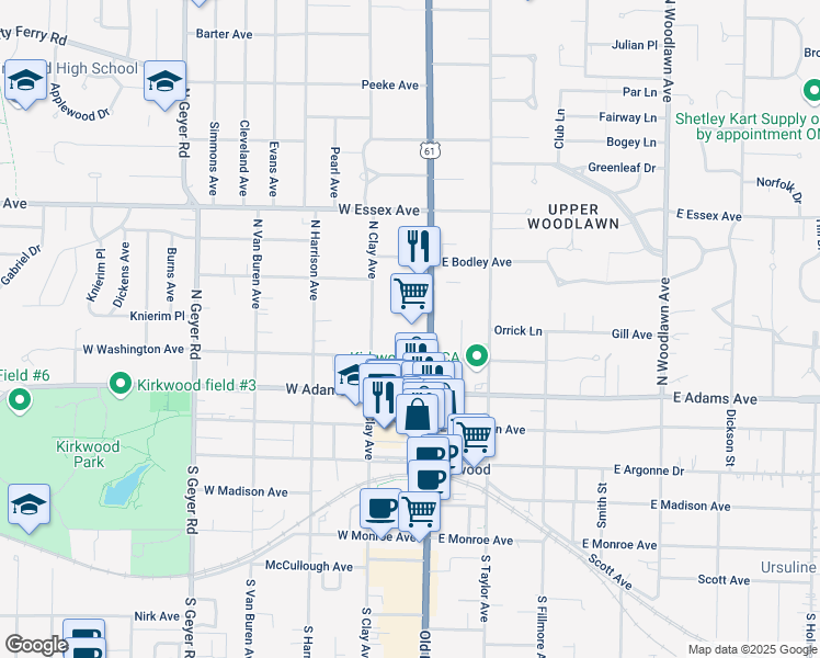 map of restaurants, bars, coffee shops, grocery stores, and more near 421 North Kirkwood Road in Kirkwood