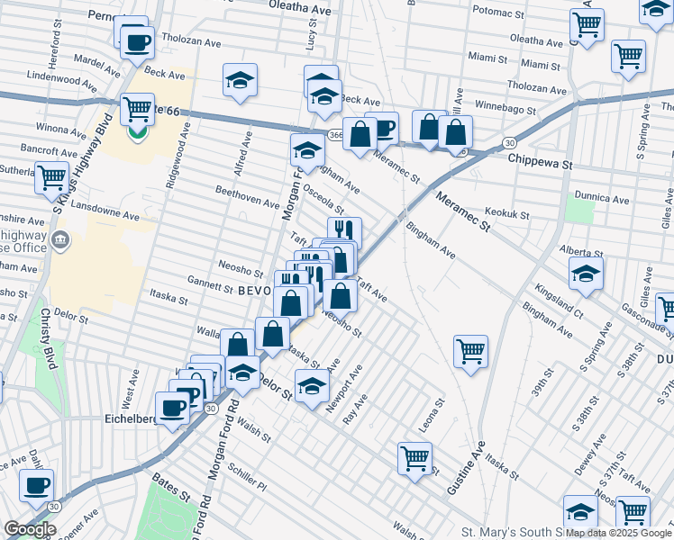 map of restaurants, bars, coffee shops, grocery stores, and more near 4110 Taft Avenue in St. Louis