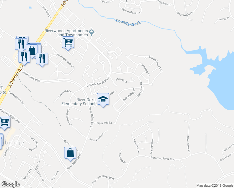 map of restaurants, bars, coffee shops, grocery stores, and more near 2598 Oak Tree Lane in Woodbridge