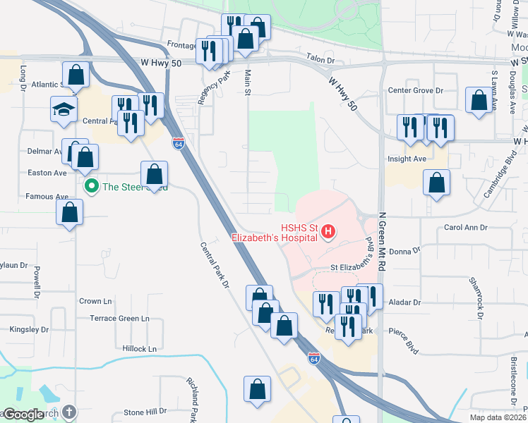 map of restaurants, bars, coffee shops, grocery stores, and more near 925 Saint Clair Street in O'Fallon