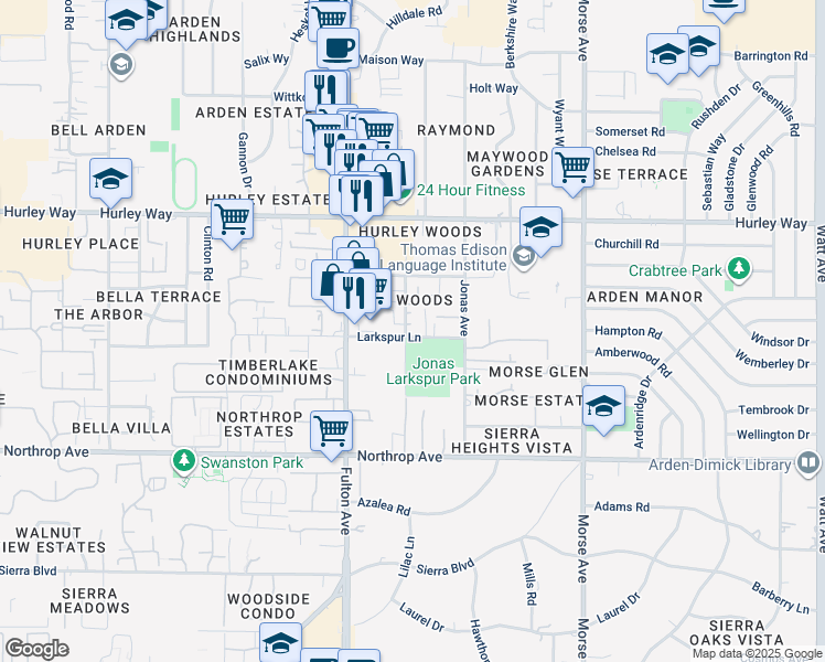 map of restaurants, bars, coffee shops, grocery stores, and more near 1100 Evelyn Lane in Sacramento