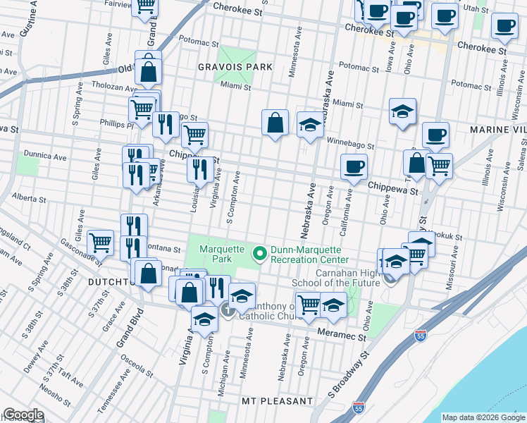 map of restaurants, bars, coffee shops, grocery stores, and more near 3844 Michigan Avenue in St. Louis