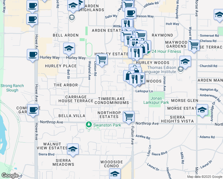 map of restaurants, bars, coffee shops, grocery stores, and more near 2504 Memory Lane in Sacramento