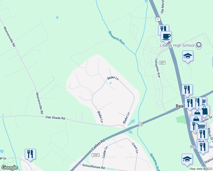 map of restaurants, bars, coffee shops, grocery stores, and more near 10930 Rugby Drive in Bealeton