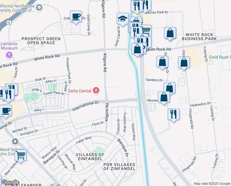 map of restaurants, bars, coffee shops, grocery stores, and more near 3241 Kilgore Road in Rancho Cordova