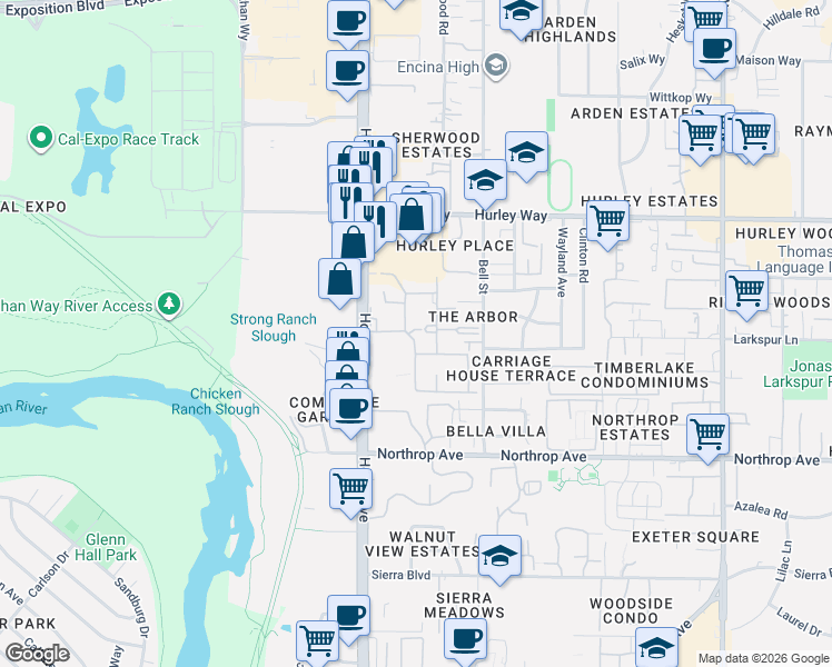 map of restaurants, bars, coffee shops, grocery stores, and more near 1100 Howe Avenue in Sacramento