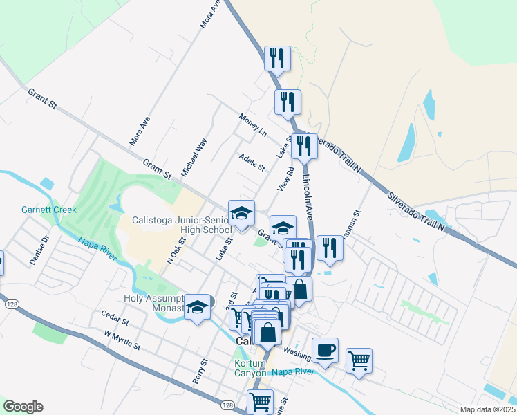 map of restaurants, bars, coffee shops, grocery stores, and more near 1811 Lake Street in Calistoga