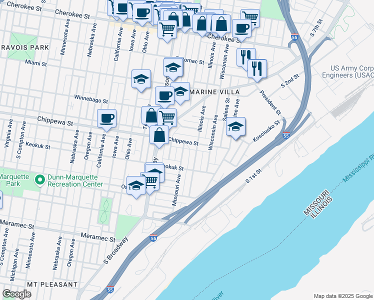 map of restaurants, bars, coffee shops, grocery stores, and more near 2209 Chippewa Street in St. Louis