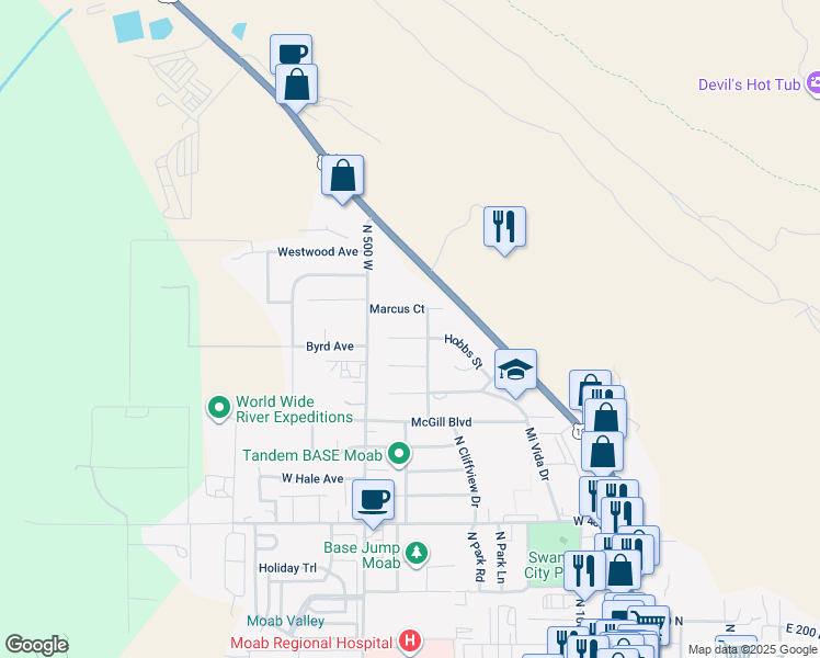 map of restaurants, bars, coffee shops, grocery stores, and more near 450 Marcus Court in Moab