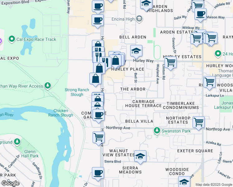 map of restaurants, bars, coffee shops, grocery stores, and more near 1100 Howe Avenue in Sacramento
