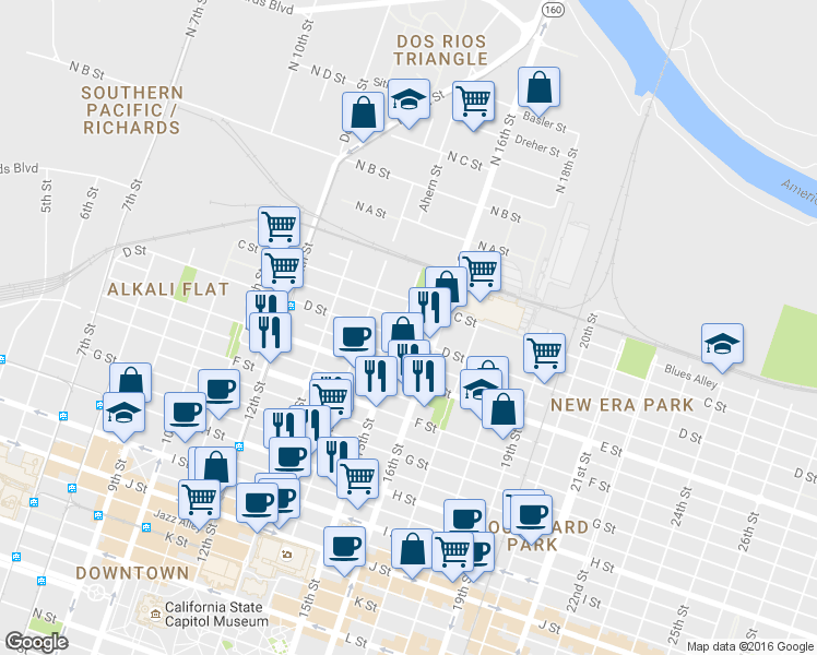 map of restaurants, bars, coffee shops, grocery stores, and more near 1428 C Street in Sacramento