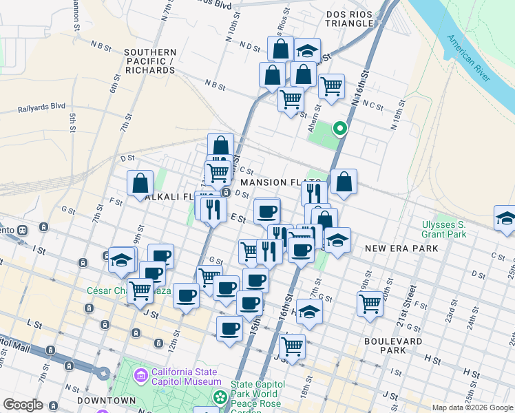 map of restaurants, bars, coffee shops, grocery stores, and more near 1239 D Street in Sacramento