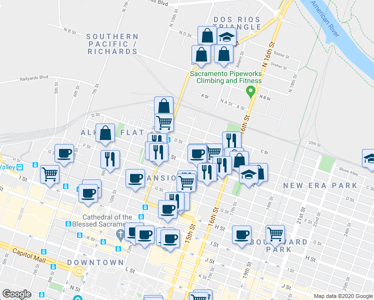 map of restaurants, bars, coffee shops, grocery stores, and more near 1239 D Street in Sacramento