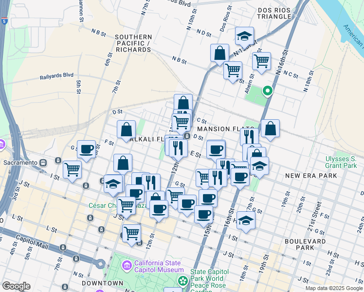 map of restaurants, bars, coffee shops, grocery stores, and more near in Sacramento