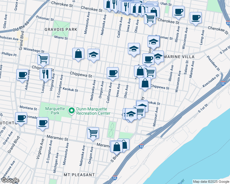 map of restaurants, bars, coffee shops, grocery stores, and more near in St. Louis