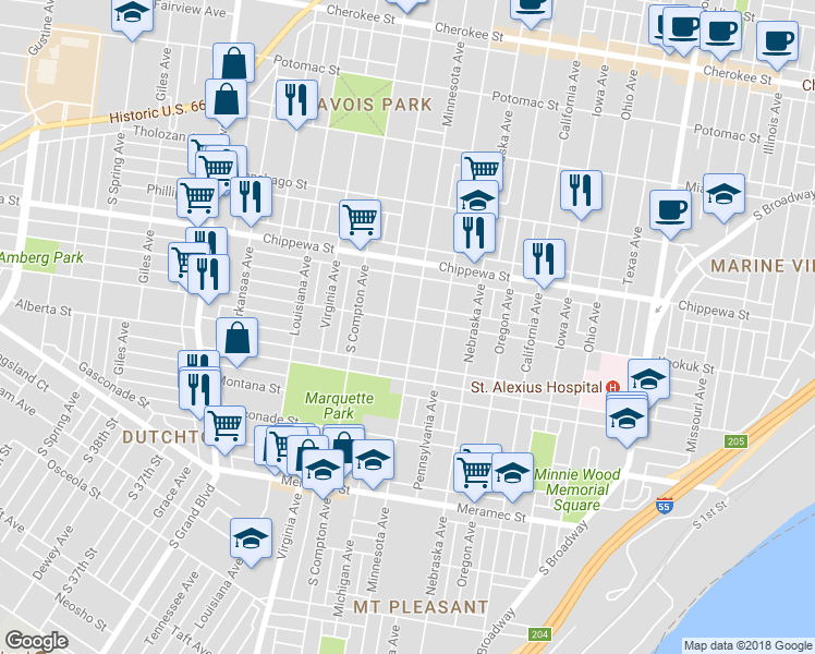 map of restaurants, bars, coffee shops, grocery stores, and more near 3844 Michigan Avenue in St. Louis
