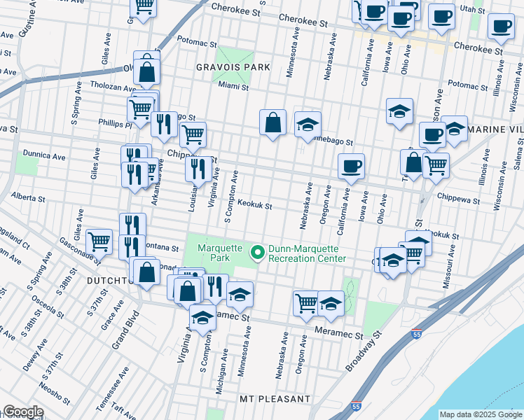 map of restaurants, bars, coffee shops, grocery stores, and more near 3844 Michigan Avenue in St. Louis
