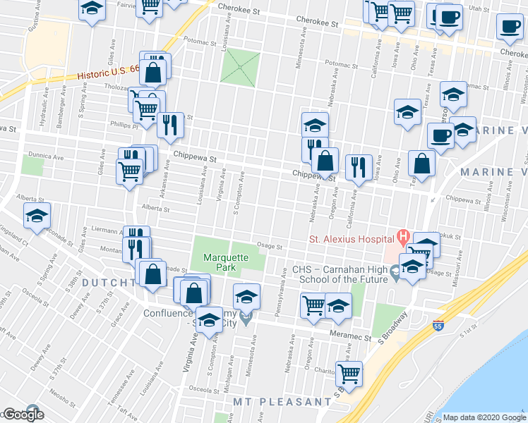 map of restaurants, bars, coffee shops, grocery stores, and more near 3844 Michigan Avenue in St. Louis