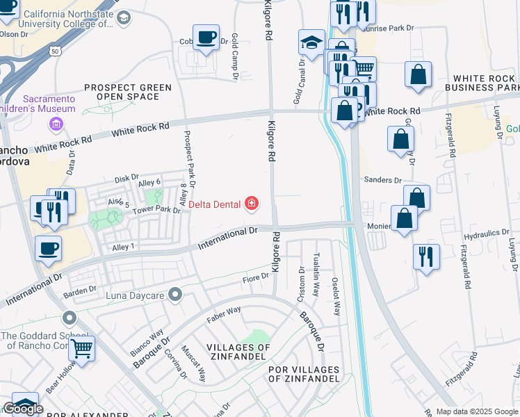map of restaurants, bars, coffee shops, grocery stores, and more near 11185 International Drive in Rancho Cordova