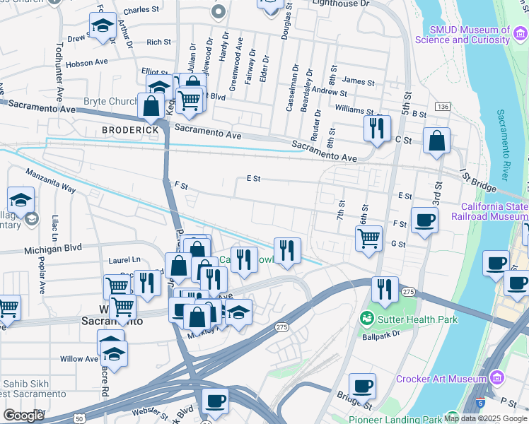 map of restaurants, bars, coffee shops, grocery stores, and more near 832 F Street in West Sacramento